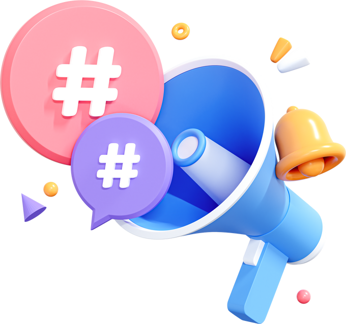 3D Megaphone with hashtags in social network